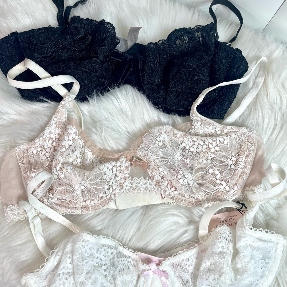 Victoria’s Secret Unlined Demi Lace Bras Neutrals Bundle in Black, White & Cream